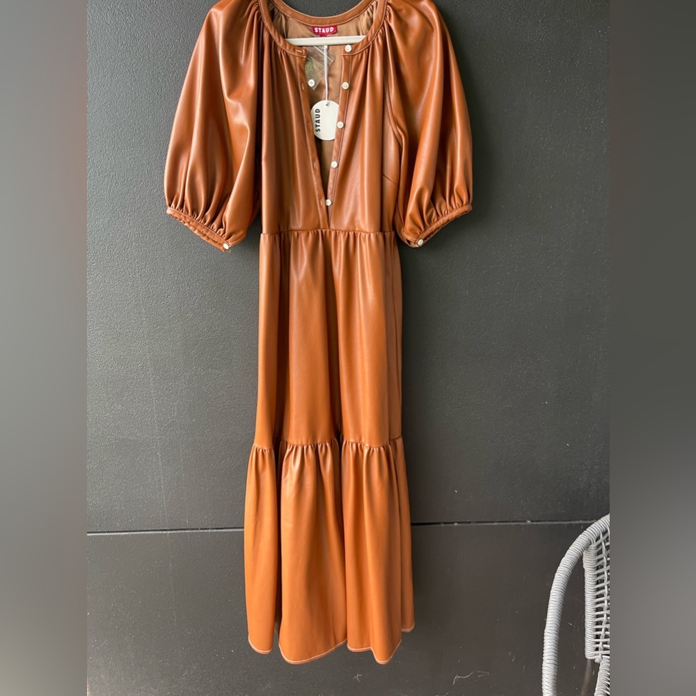 STAUD Demi Faux Leather MIDI Dress. Medium Whiskey